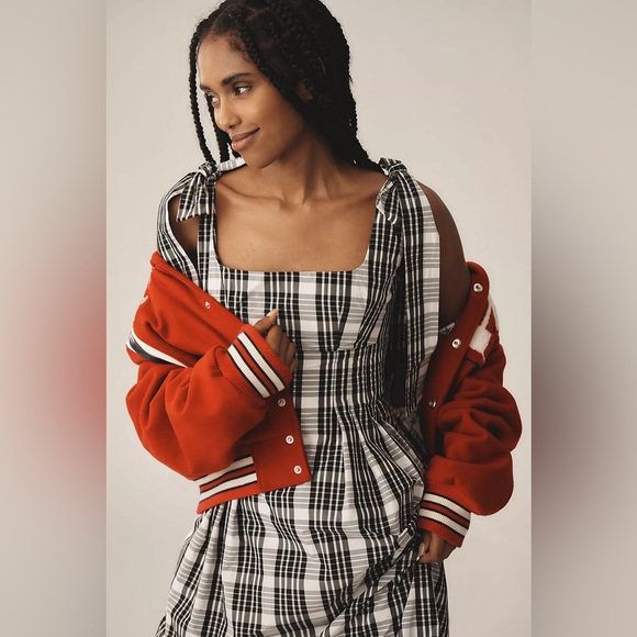 Anthropologie Maeve Black White Plaid Square-Neck Tie Strap Midi Dress Medium - Picture 2 of 16